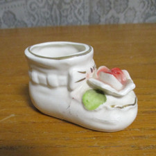 Vintage Porcelain Baby Shoe Figurine with Applied Flower - Japan - 1.5" tall