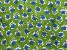 Indian Blue and Lime Green Floral Hand Block Print Cotton Fabric by the yard 