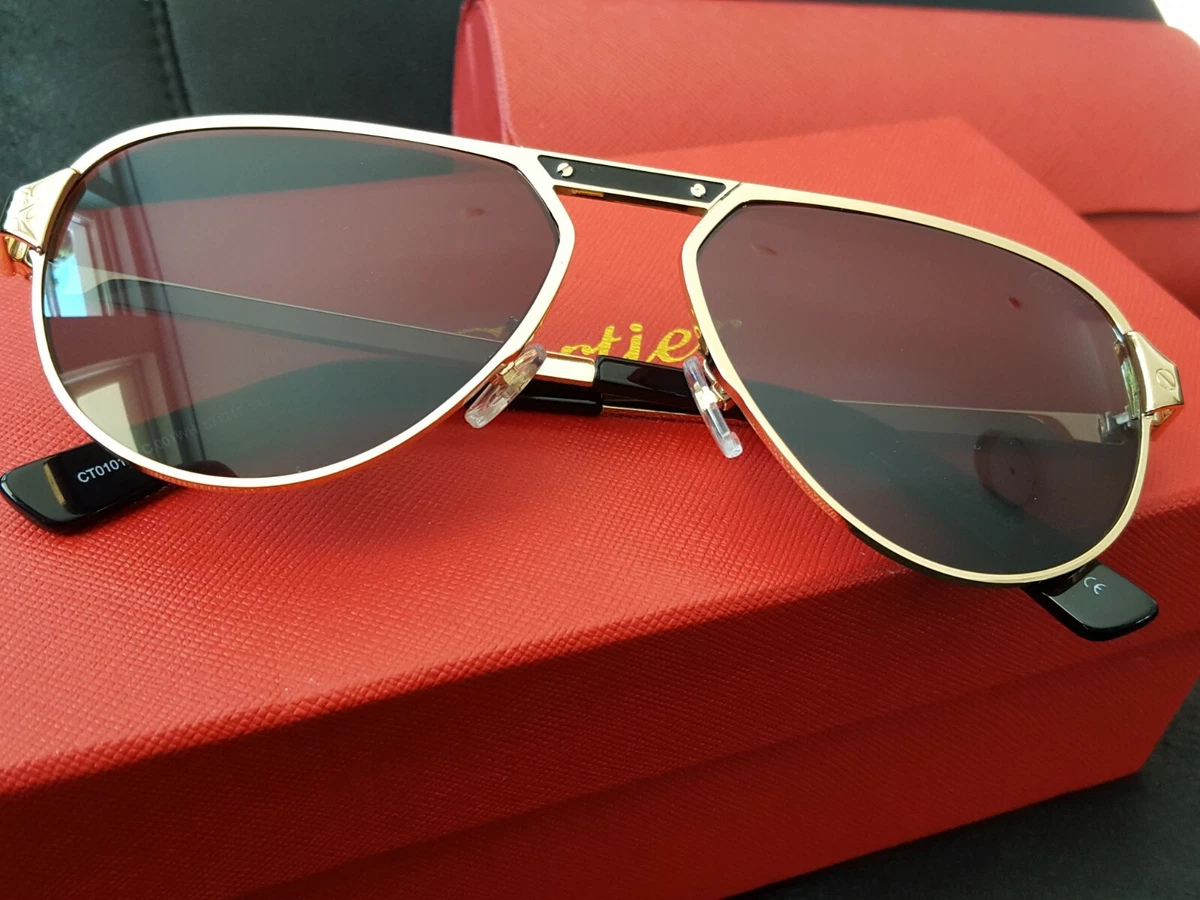 SANTOS DE CARTIER SUNGLASSES CHAMPAGNE GOLD FINISH MET GRAY POLARIZED LENSES