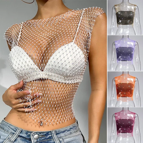 Rhinestones See-through Women Fishnet Tank Top Sexy Vest Mesh Crop Tops Babydoll - Picture 2 of 31