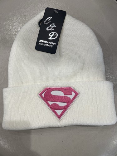 Super Girl Beanie Hat One Size White Knit Cozy Embroidered Supergirl Pink Logo - Picture 6 of 6