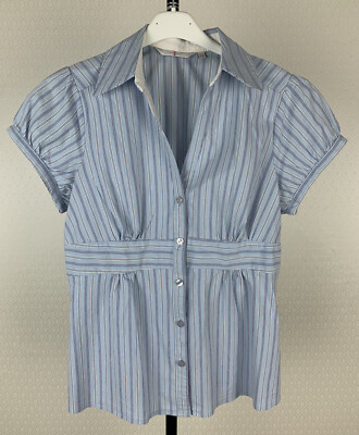 JASPER CONRAN London 38 kurzarm Bluse Stretch Hemdbluse blau weiß gestreift 803