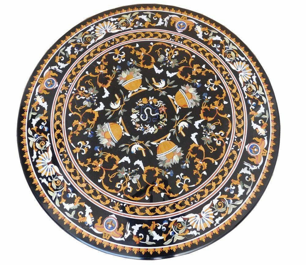 42-Inch Black Marble Pietra Dura Inlay Handcrafted Center Table Top  