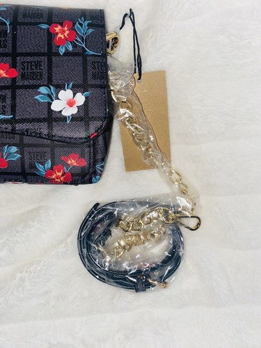 NWT Steve Madden Btory Black and Floral Logo Bag Crossbody with Gold Chain - Picture 4 of 6