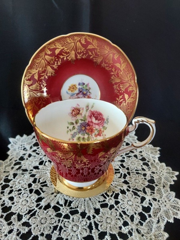 PARAGON Maroon Red Cup Saucer  Gold Harebell Gilt Filigree Floral Bouquets Eng.