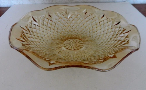 Carnival Glass Bowl Marigold Raised Diamond Quilt Patterned Iridescent Ruffled