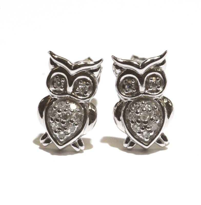 New 925 Sterling Silver .10ct SI2 I1 H diamond owl stud earrings unique 