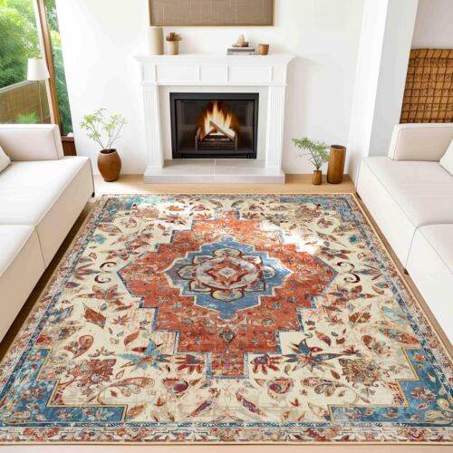 Vintage Area Rug 8x10 Non-Slip Boho Distressed Floor Carpet Rugs Washable Tra...