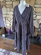 Asos Violet Romance Wrap Front Midi Ditsy Floral Dress Size 16 Black Multi BNWT