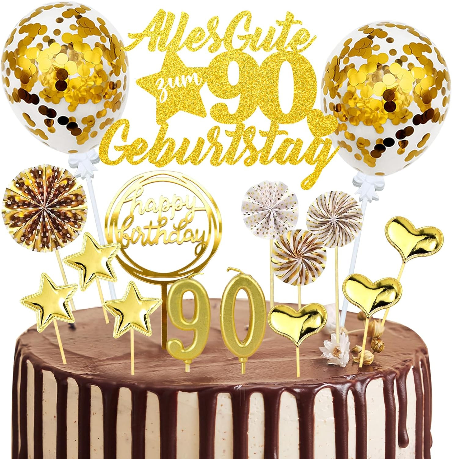 Tortendeko 90. Geburtstag Frau Mann, 20 Stück Gold Kuchendeko Cake Topper 90 Geb