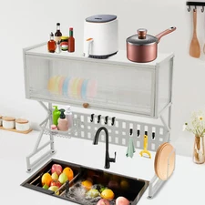 2-Tier White Over The Sink Dish Drying Rack PVC Carbon Steel Kitchen Organizer