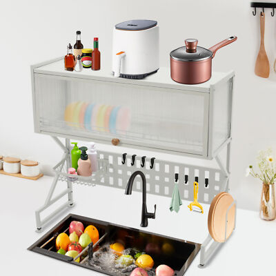 2-Tier White Over The Sink Dish Drying Rack PVC Carbon Steel Kitchen Organizer