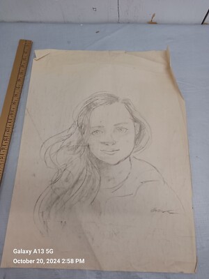 ORIGINAL Portrait Pencil Or Charcoal Sketch Signed  Vintage Art  24 X 17 
