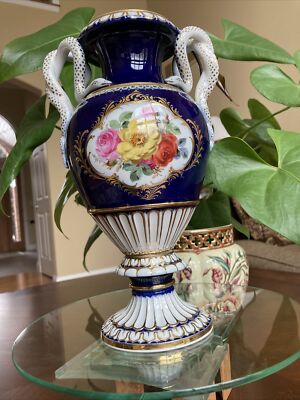 Stunning Tall Meissen Porcelain Cobalt Blue Snake Handle Urn Vase
