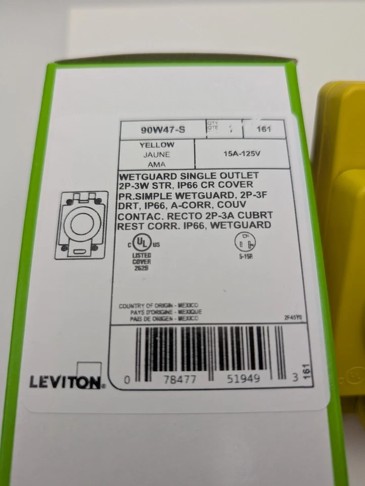 Leviton Wetguard Watertight Straight Blade Outlet 125V 15A Yellow, IP66 90W47-S - Image 3 of 4