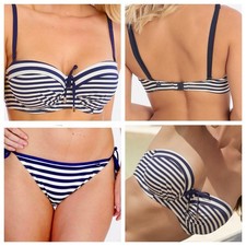 Lepel Beach Life Navy Stripe Bandeau Bikini Set UK 32DD 32E Brief 10
