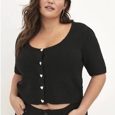 Torrid 5 (5X 28) Black Vegan Cashmere Heart Button Up Cropped Cardigan Sweater 