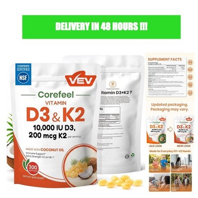 VEV Vitamin D3 K2 10000 IU with 200 mcg MK-7, 300 Softgels Coconut Oil