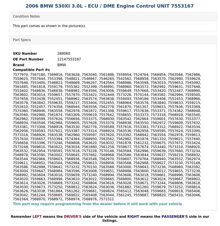 BMW 530XI 2006 3,0 L - ECU/DME unidad de control del motor 7553167 Foto 4 de 4
