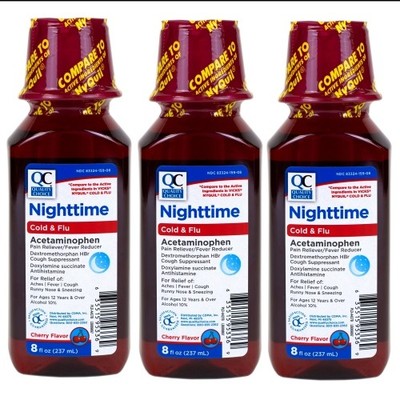 3 Pack Quality Choice Nighttime Cold & Flu Liquid Cherry Flavor 8 Ounces Each