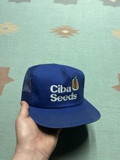 Vintage k products brand trucker hat mesh cap Ciba Seeds farm blue made in USA