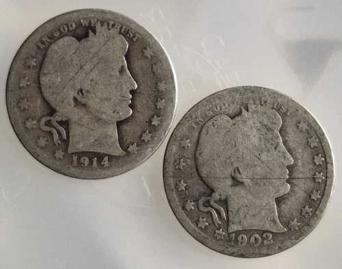 1902 & 1914 Barber Silver Quarters | Philadelphia | AG - Lot of 2