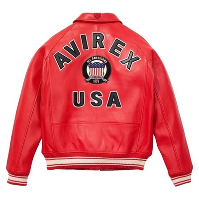Men's Red Avirex Real Leather Bomber Jacket American Flight Leather Jacket