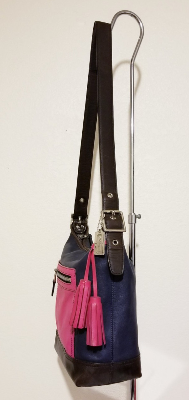 COACH VINTAGE Hot Pink Navy Brown LEATHER SHOULDER BAG N. H1294-19995 HANDBAG image 6