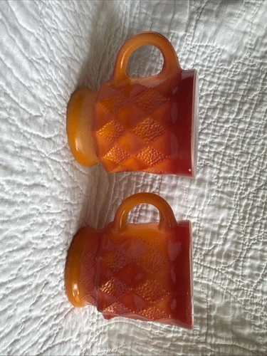 Vintage Fire King Anchor Hocking Kimberly Diamond Red Orange Coffee Mug pair