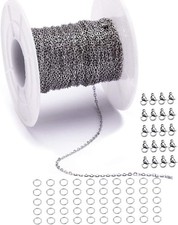 33 Feet Stainless Steel Flat Chain Width 1.0mm+20pcs Clasps+50 Rings, Silver 