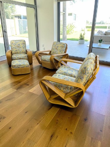 Authentic 1940s Paul Frankl Pretzel Six Strand Rattan Sofa & 2 Chairs Restored