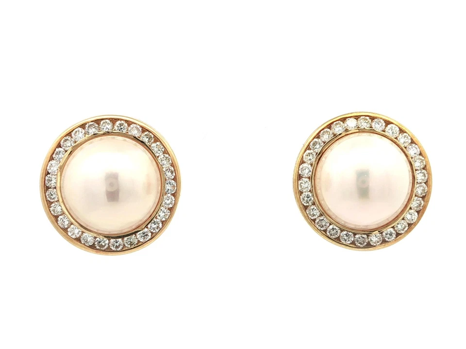Серьги-пуговицы из желтого золота 18 карат с высококачественным жемчугом мабе 14 мм и бриллиантами 1,56 карата - Изображение 3 из 4