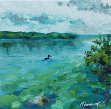 landscape Original Oil Painting  RIVER summer  6x6 inch