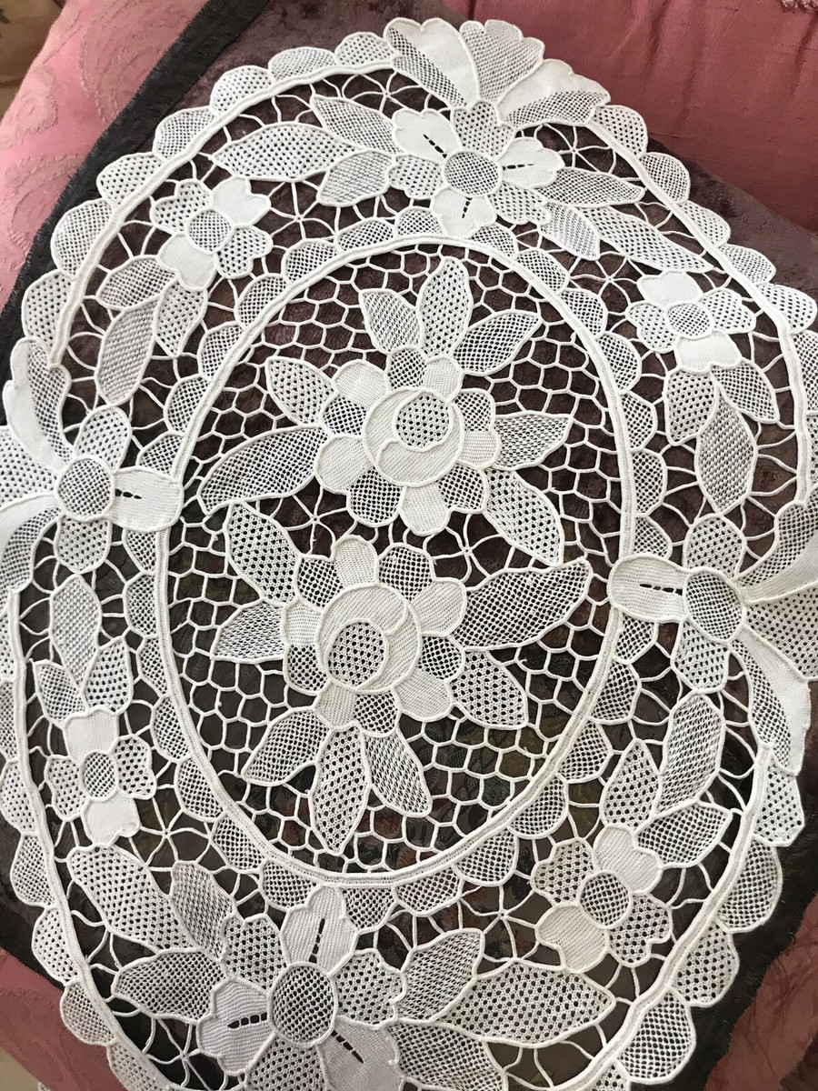 Antique French Needlepoint Lace Textile Creamy White Ornate