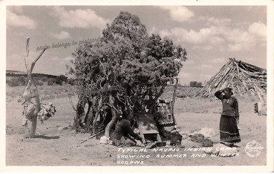 RPPC Navajo Desert Camp Hogans Handwoven Rug Southwest Art Photo Postcard G48
