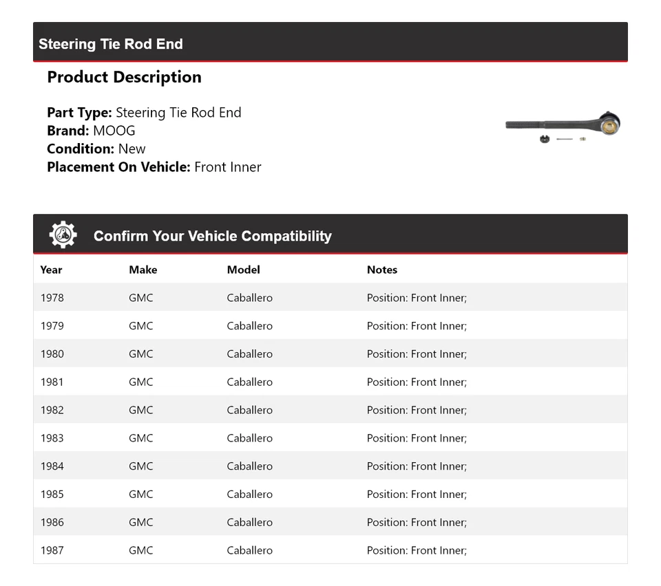 适用于 1978 - 1987 年 GMC Caballero 转向领带杆端前内 MOOG 1978 1980 — 第 2/4 张图片