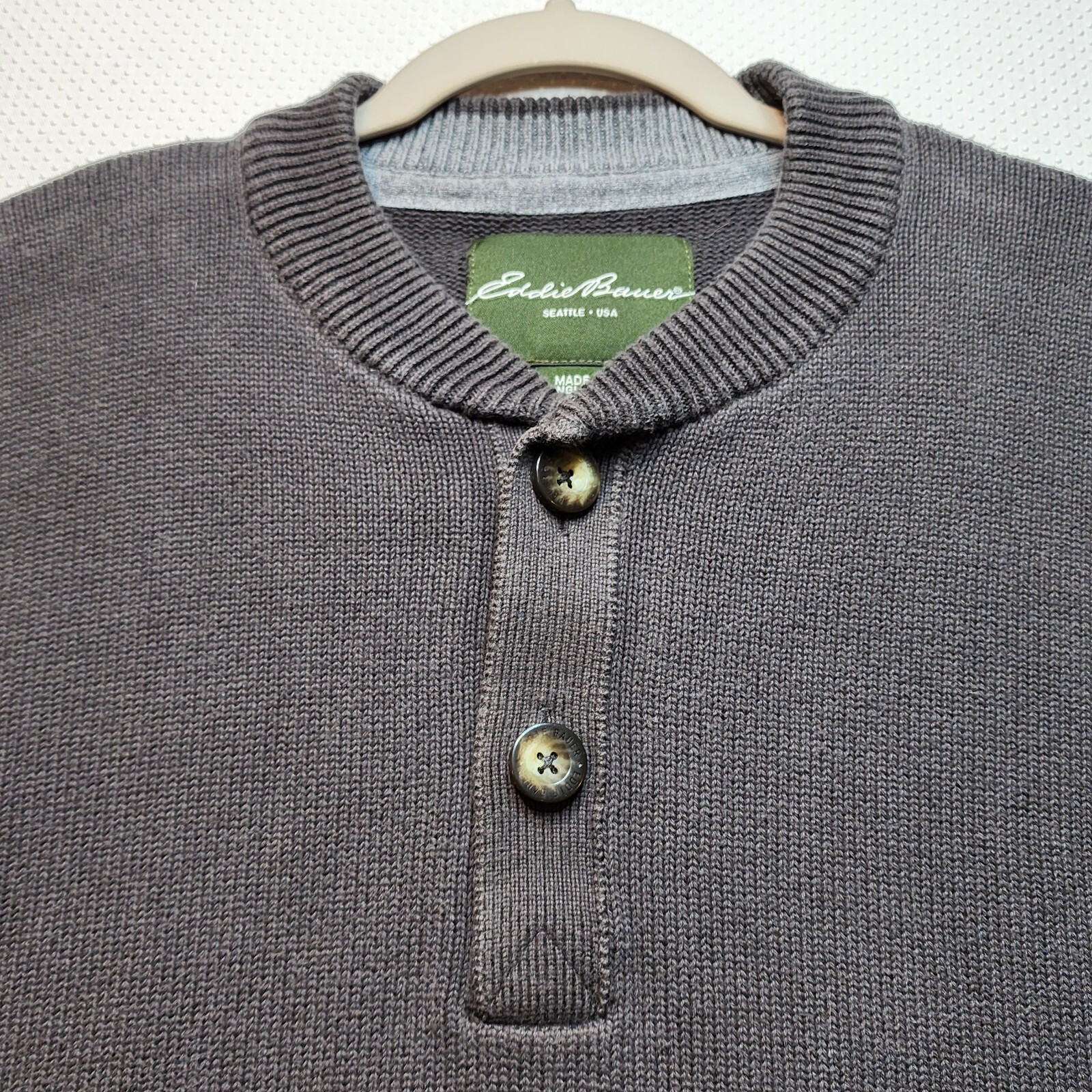 Eddie Bauer Mens Henley Sweater 2XL/XXL Grey Long Sleeve Button Combed Cotton eBay