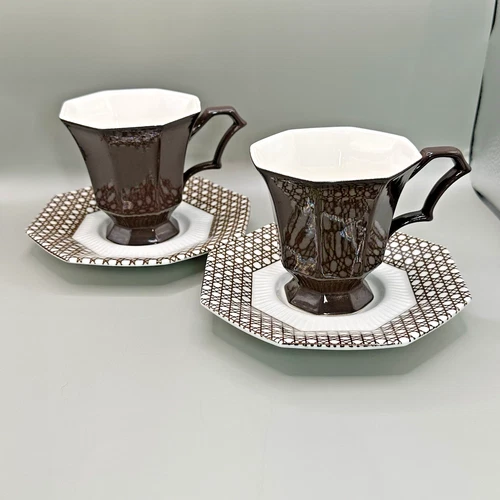 Vtg MCM Nikko Brown Cane Cup & Independence Ironstone Saucer 2 Sets Coffee Tea