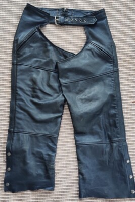 Motorcycle Biker Chaps Black Sz L Heavyweight Zipper Snap Leather