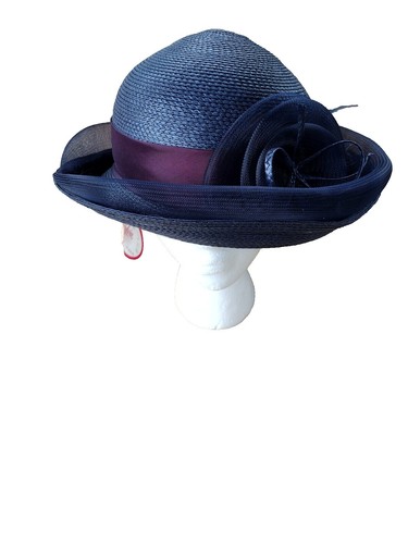 Blue straw hat with bow bowler style upturned rim union label mid century church Blue straw hat with bow bowler style upturned rim union  main image 3
