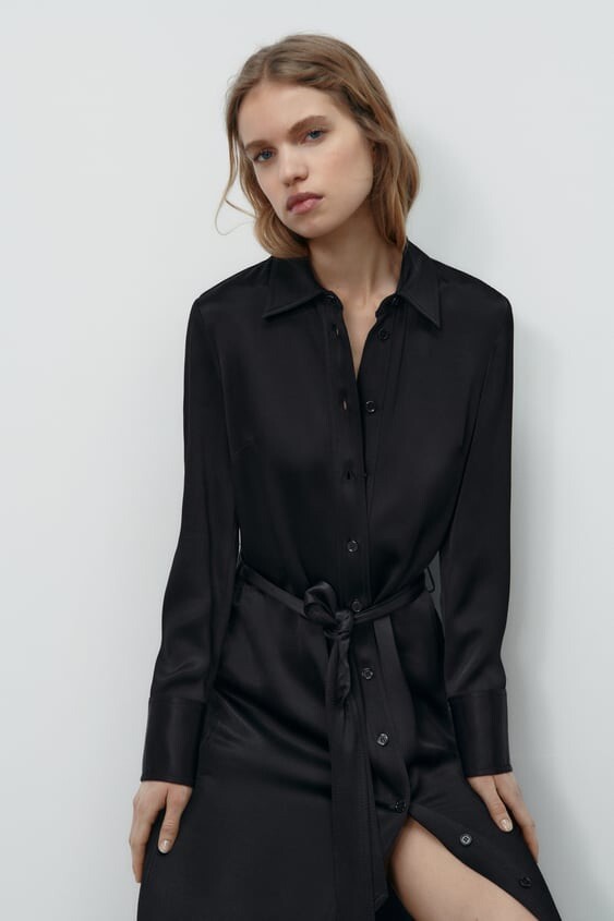Zara Black Satin Effect Shirt Dress | eBay