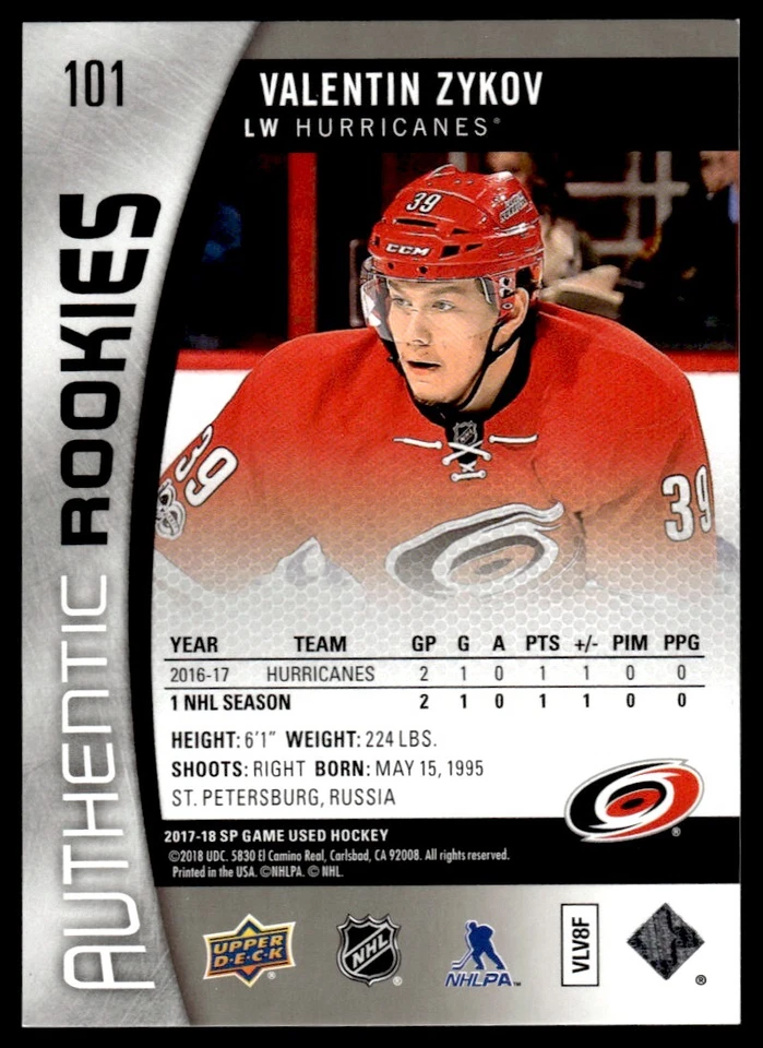 2017-18 SP Game Used Authentic Rookies Rainbow Valentin Zykov 005/222 #101 R61 - Image 2 of 2