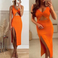 Dress V-neck hollow simple stretch orange tight split skirt chic street party