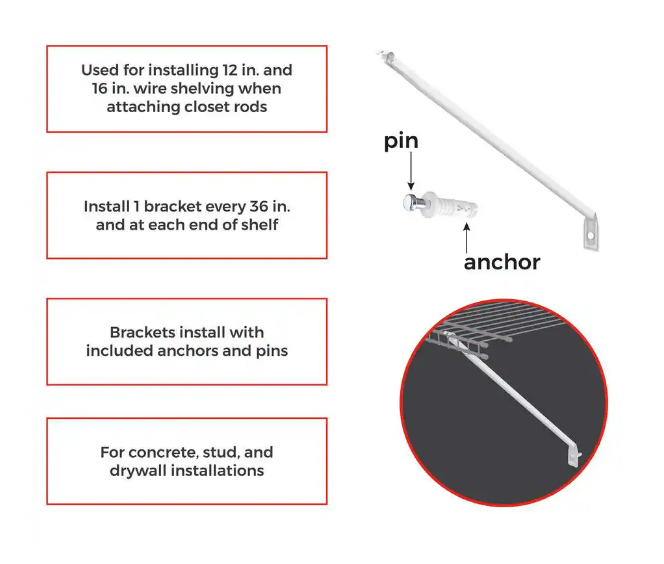 12 Pack ClosetMaid Support Bracket for 12 in Wire Shelf 12" Fixed Mount