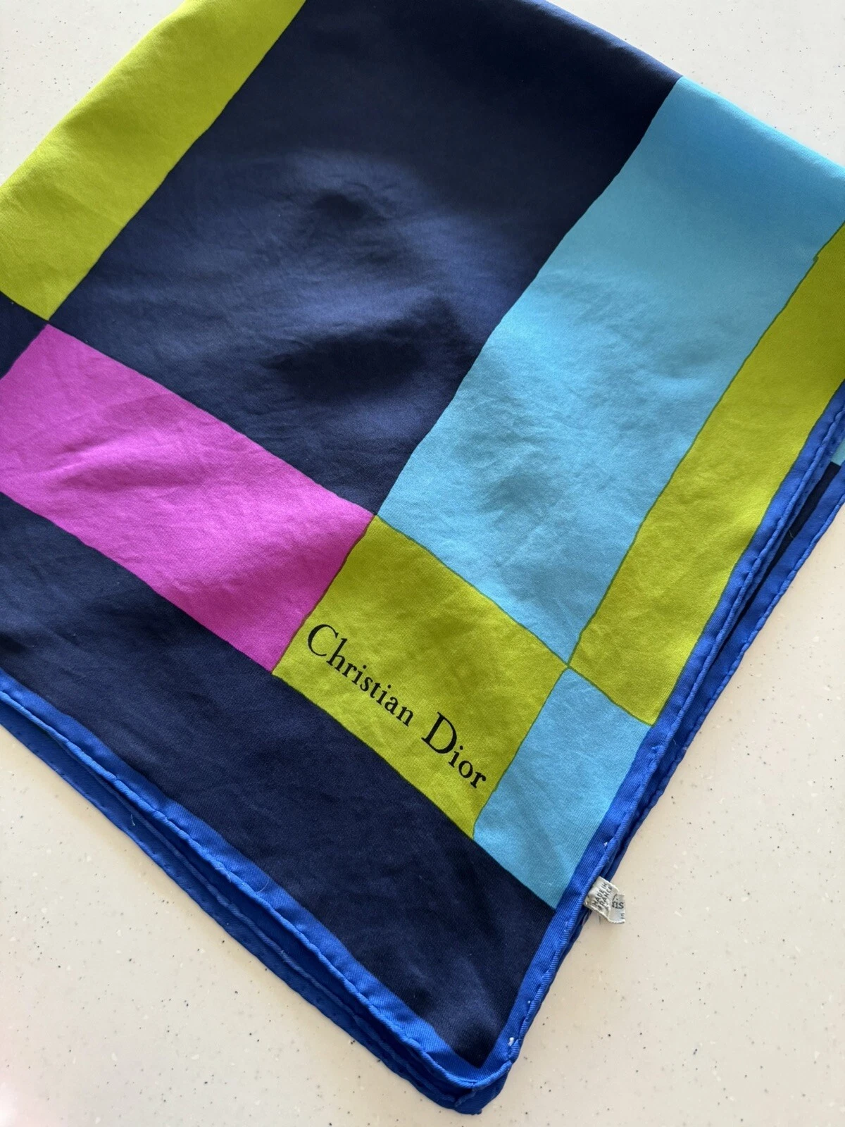 Foulard vintage Christian Dior 100% soie bleu vert rose rare pour collection