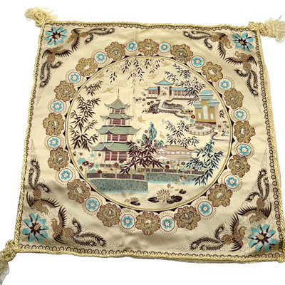 Vintage Shu Jin Chinese Silk Brocade Tapestry Pillow Covers Case Pagoda