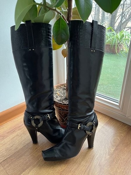 Women Pollini Boots Black Leather 37.5