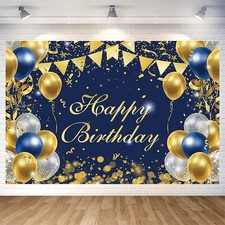 Blue Gold Birthday Party Backdrop Happy 5.9 x 3.93 feet,