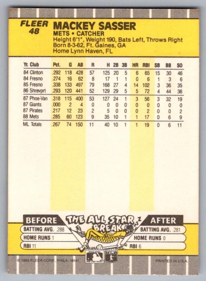 1989 Fleer Mackey Sasser New York Mets #48 - Image 2 of 2