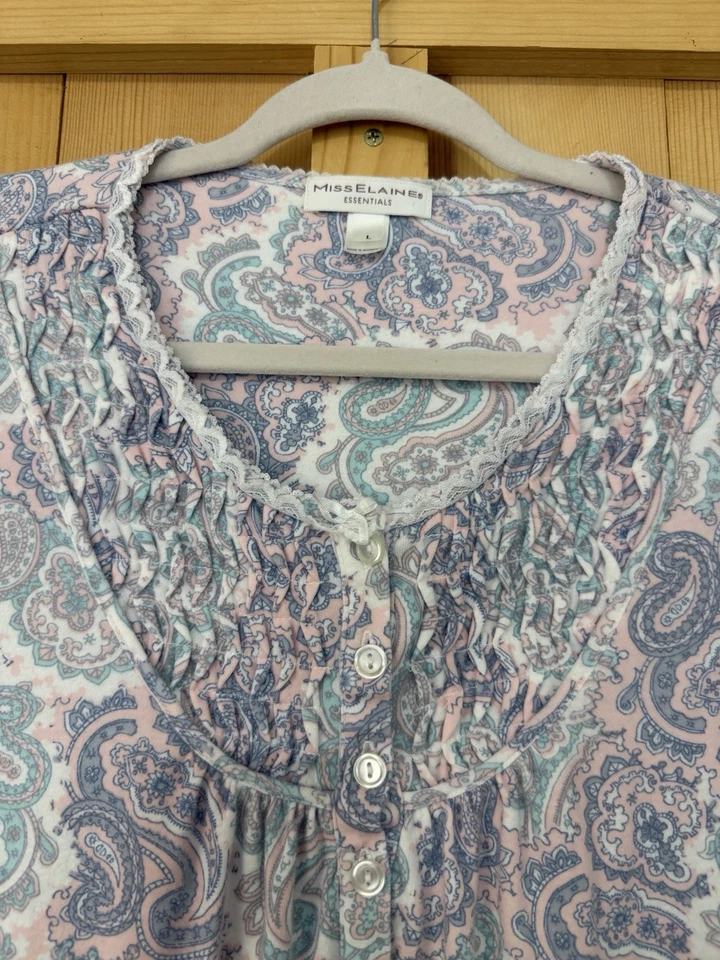 Camisola feminina Miss Elaine grande mistura de algodão paisley manga 3/4 roupa de dormir em excelente estado usado - Imagem 3 de 4